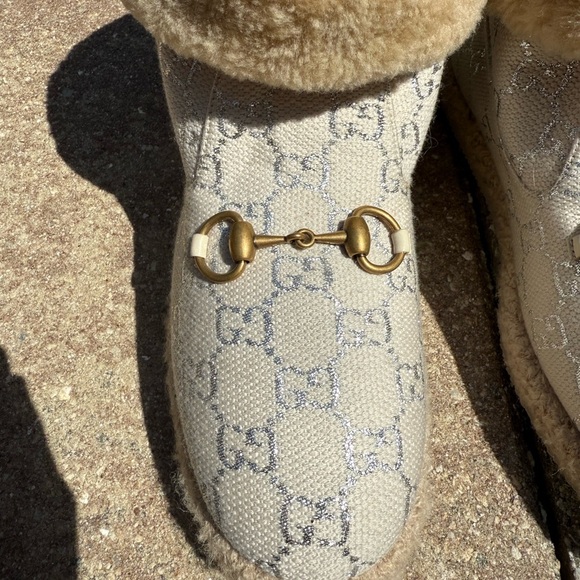 Gucci - Canvas Wool Shearling Lined GG Monogram Fria Horsebit Ankle Boots - Picture 4 of 7